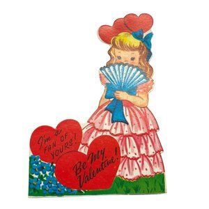 1940s Vintage Valentine Card Southern Belle Fan of Yours Hearts Die Cut